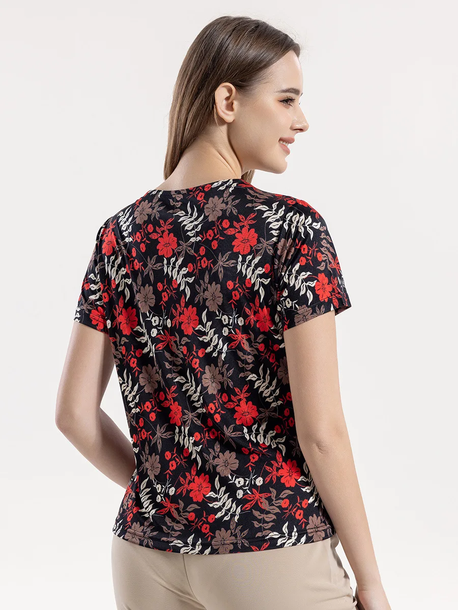 BirdTree, Natural Silk Knitted T-Shirts, Women V Neck Short Sleeve Floral Printing, Elegant Retro Blouse, 2024 Summer T45591QM