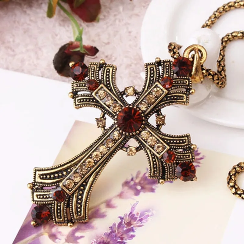 Vintage Gothic Two-tone Cubic Zirconia Set Cross Pendant Necklace Men's and Women's Personalized Punk Court Style Jewelry