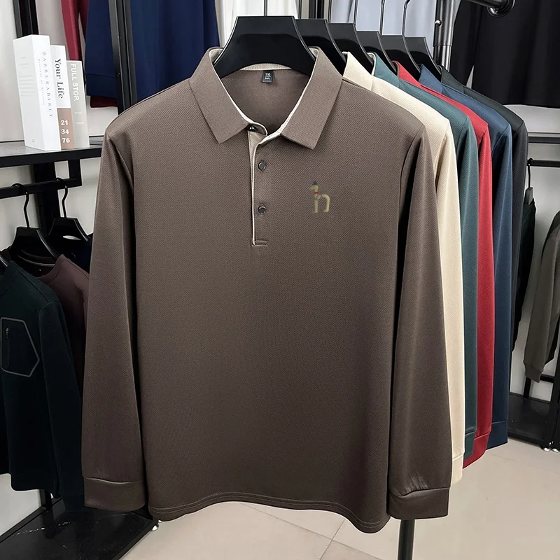 Hochwertiges Herren-Polohemd mit Originaldruck, Herbst-Trend, einfarbig, Revers, Langarm-T-Shirt, Business-Casual-Herrenbekleidung – Detail 14
