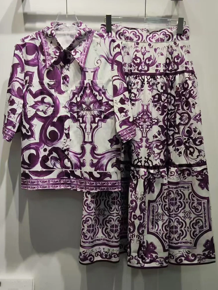 

Retro lapel single-breasted purple printed shirt Spring/Summer 2025 new women's suit+high waist and big skirt two-piece suit
