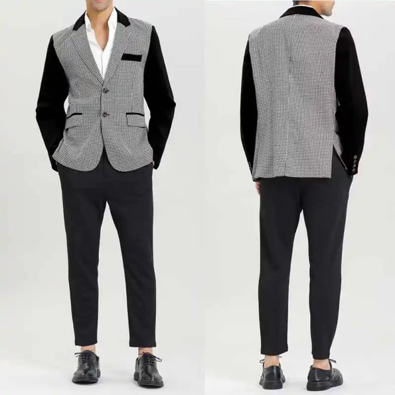 

Современный мужской костюм в сетку, комплект из 2 предметов, пиджак, брюки, однобортный повседневный костюм с зубчатыми лацканами для особых случаев, вечерние костюмы на заказ