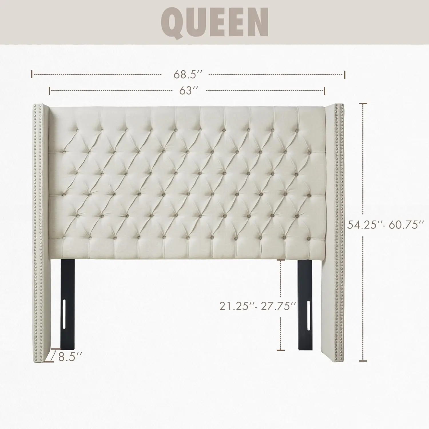 Madison Park Amelia Upholstered Headboard | Nail Head Trim Wingback Button Tufted | Queen King, Cream