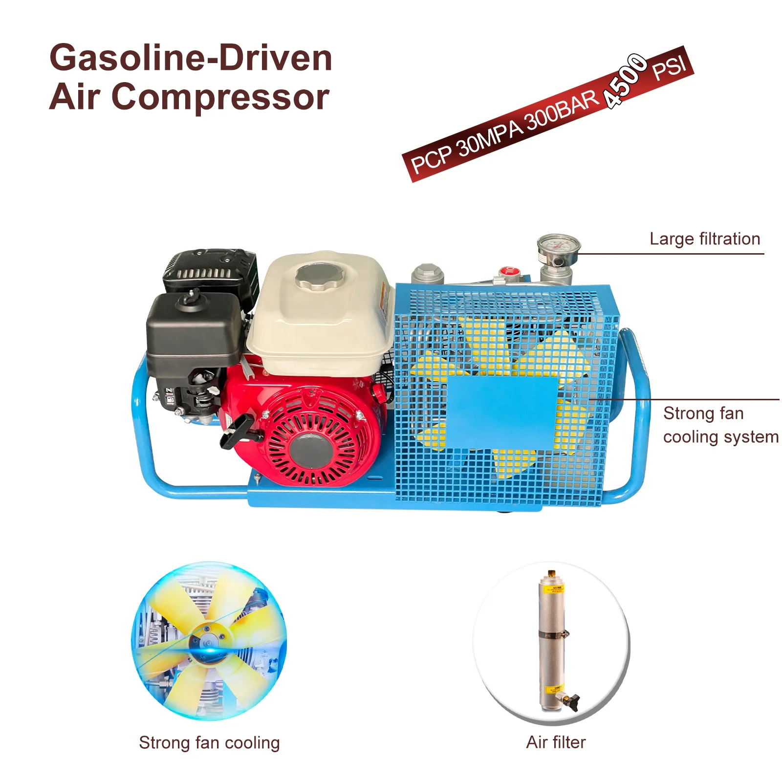 TUXING 3.5cfm Auto Stop Four Cylinder 100LPM 4500psi 300bar High Pressure Gasoline Power Scuba Diving Breathing Air Compressor