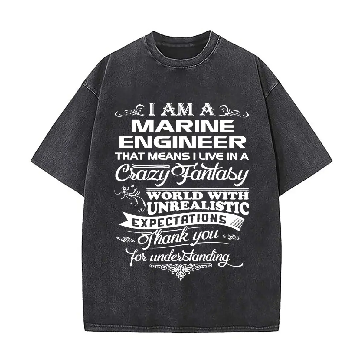 Marine Engineer Fantasy World Quote Art Vintage Distressed Washed Cotton Short Sleeve Streetwear Outfit