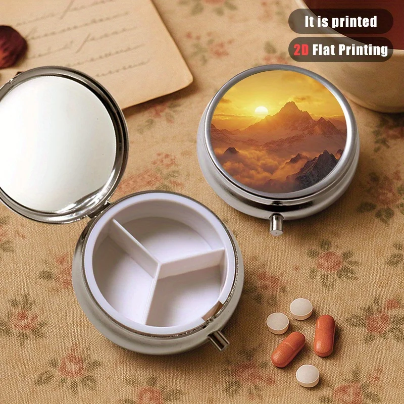 Mountain 23 Pattern Round Sealed Box, Comprehensive Metal Box, 3-Layer Storage Sealed Pill Box, Compact Portable Sealed Box for Travel, Outdoor Exercise or Bag Use, Sealed Pill Box with Multiple Compartments for Vitamins, Gift Collection Box, Printed Patterns May Vary