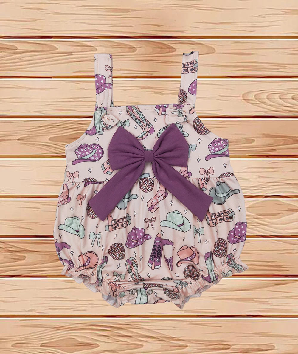 

3.31 Wholesale western boutique onesies Newborn toddler Baby Infant Girls Pink Strap Hats Boots Purple Bow Top Ruffle Rompers