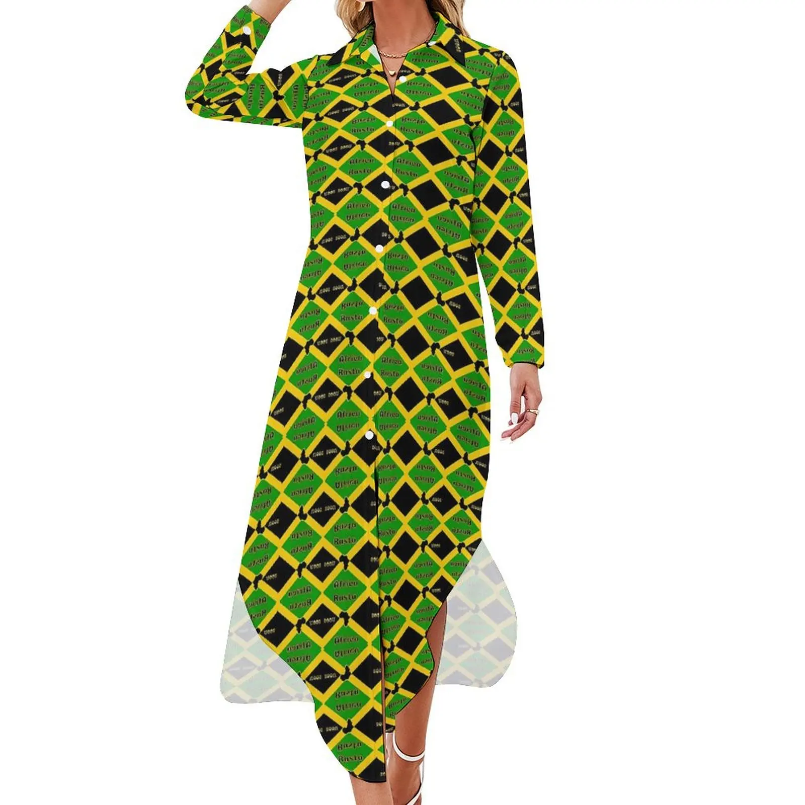 Jamaica Flag Chiffon Dress Jamaica National Day Cute Dresses Women Long Sleeve Street Style V Neck Design Oversize Casual Dress