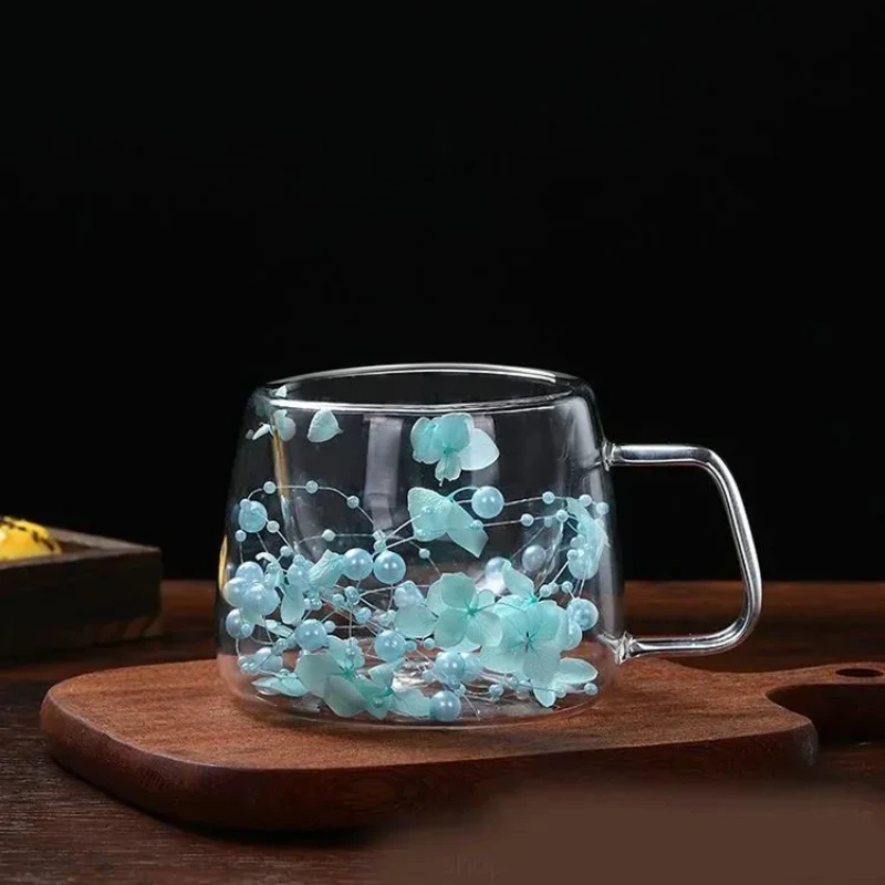 

200 мл стеклянная чашка с двойными стенками и ручкой, украшенная сушеными цветами, кружка для кофе, молока, термостойкие кухонные принадлежности для подарков другу