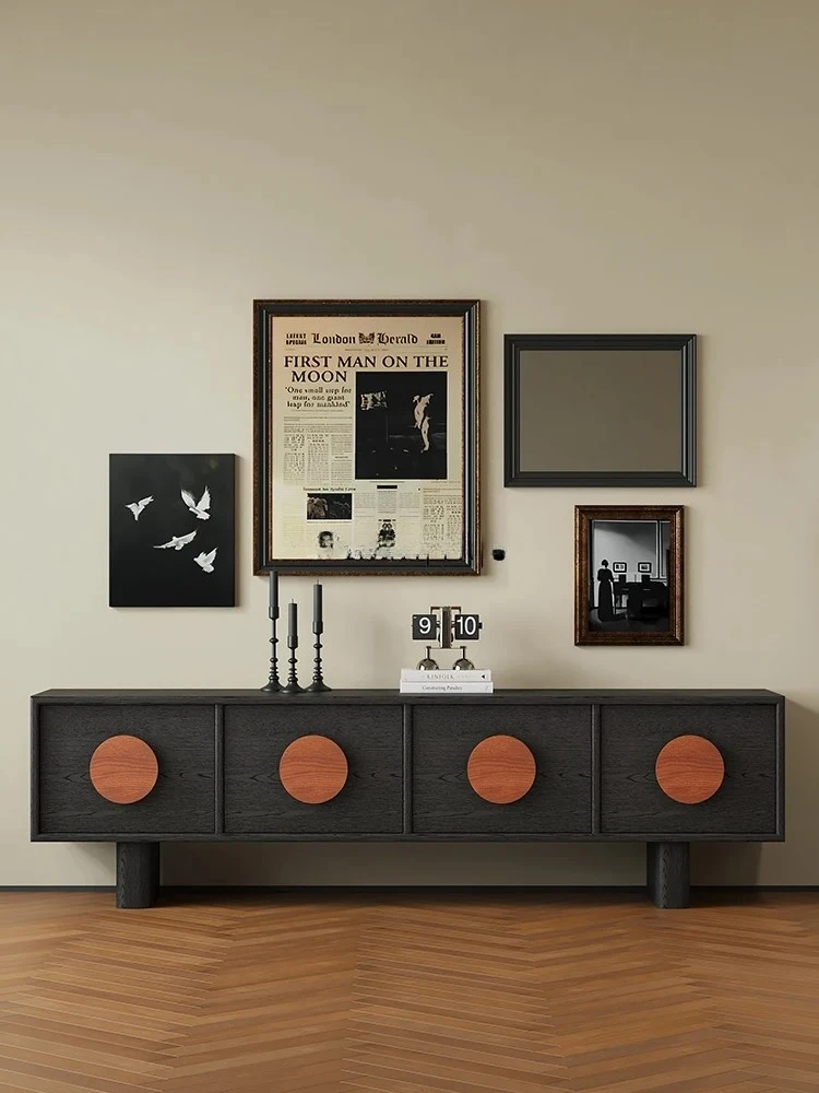 

Mid-Ancient Solid Wood TV Cabinet French Vintage Teakwood Modern Simple High Black Floor Cabinet