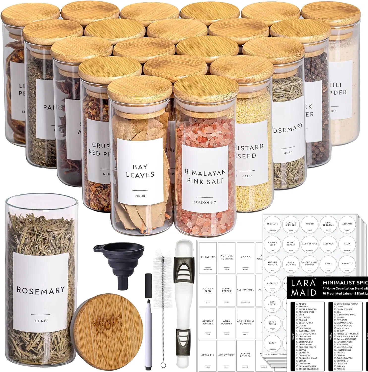 4oz 6/10pcs Spice Jars with Minimalist Spice Labels,Round Jar Canisters with Polished Bamboo Lids,Adjustable Measuring Spoon