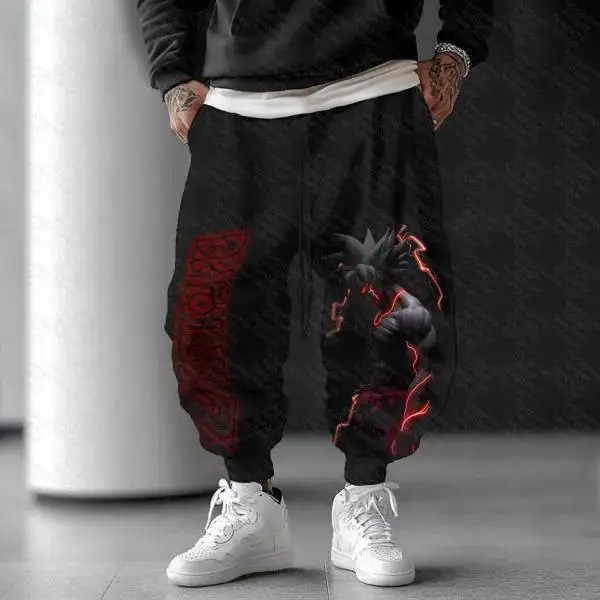 Pantalon sarouel décontracté en coton imprimé Goku pour hommes, taille élastique, Streetwear, pantalon de survêtement noir, coupe ample, taille basse, à la mode