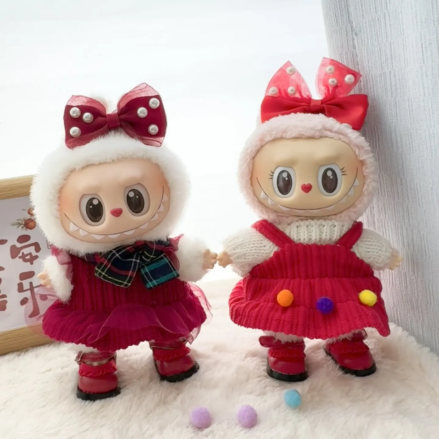 

15cm/17cm Labubu I II Dolls Clothes Cute New Year's woolen dress set Korea Kpop Exo Accessories Clothing Plush Doll'S Clothes