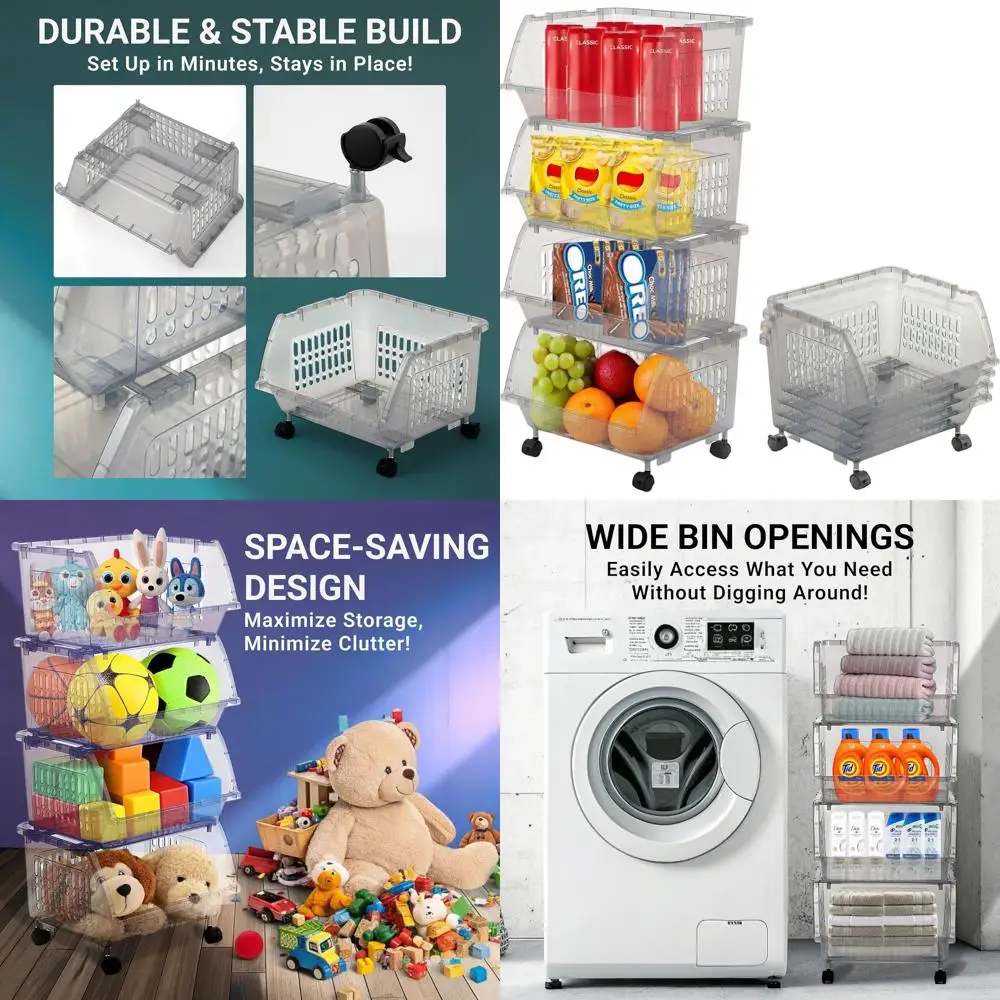 

Large 4-Piece Stackable Plastic Bins - Light Grey Storage Solutions for Toys, Pantry, Kitchen, and Bathroom