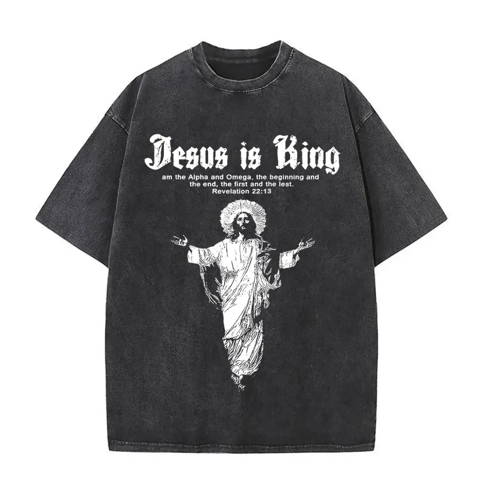 เสื้อยืดลายกราฟิกวินเทจ Jesus Is King เสื้อยืดแขนสั้นสไตล์คริสเตียนสำหรับผู้ชายและผู้หญิง เสื้อยืดโอเวอร์ไซส์สไตล์โกธิคและร็อค