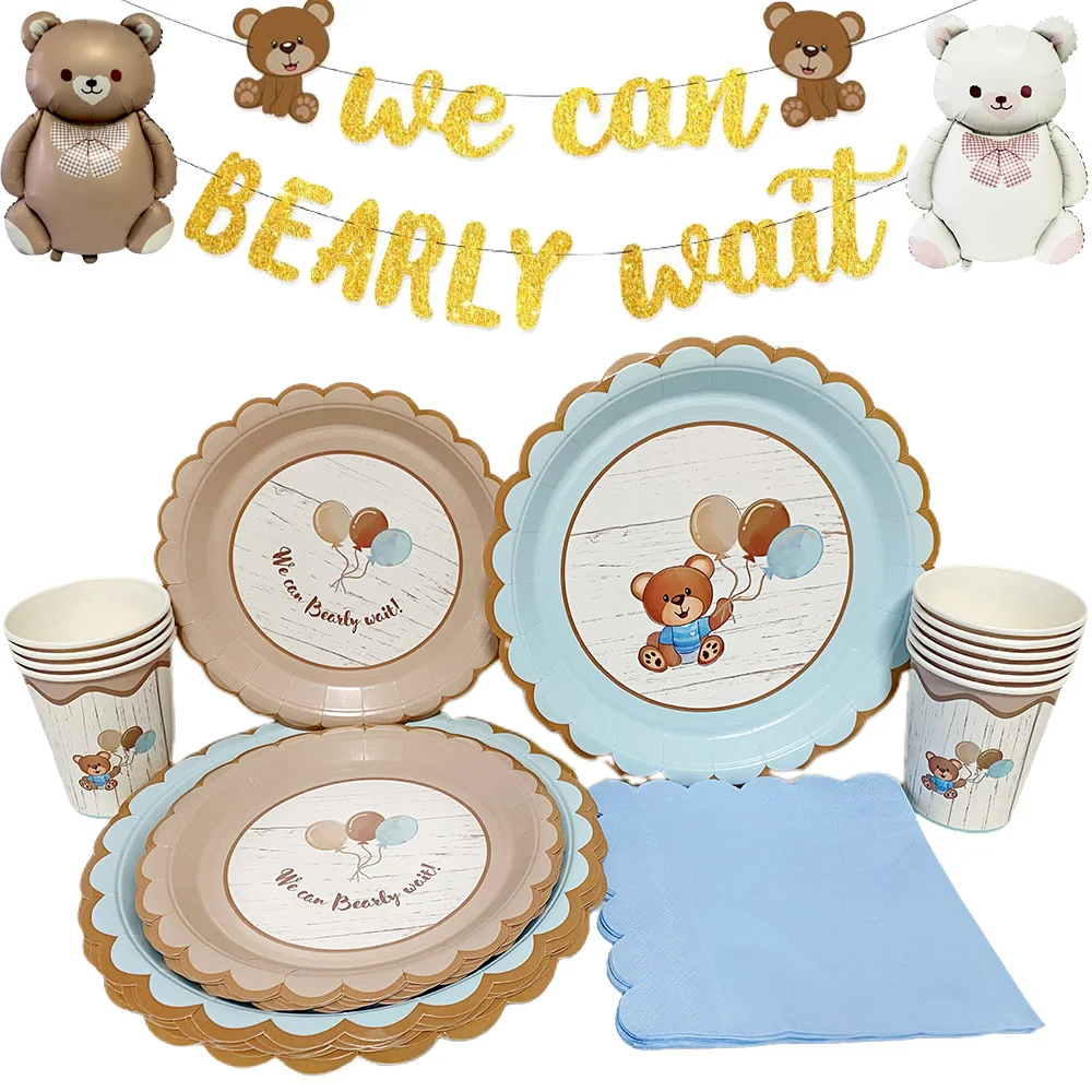 Little Bear stoviglie blu marrone piatti tazze tovaglioli grande orso bianco palloncino bambini compleanno Baby Shower Gender Reveal Decoration