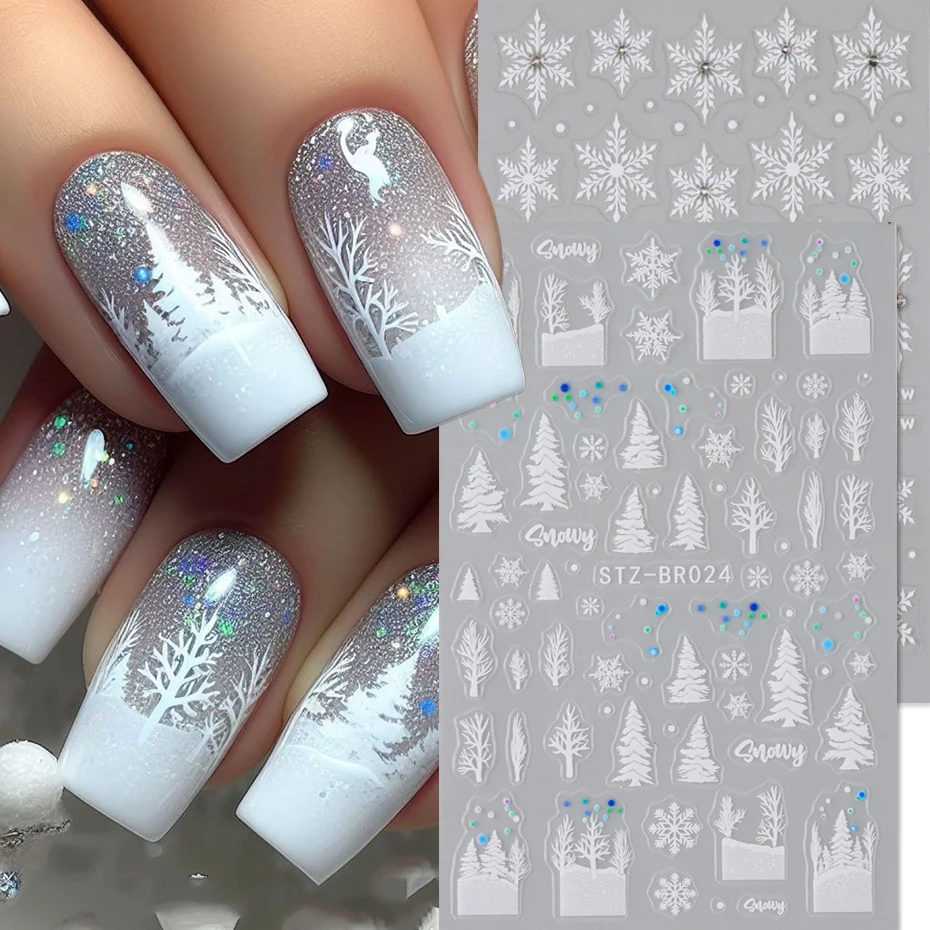Weihnachts-Nagelkunst-Aufkleber – Schneeflocken- und Schneebaum-Designs mit selbstklebenden 5D-Aufklebern für festliche DIY-Maniküre