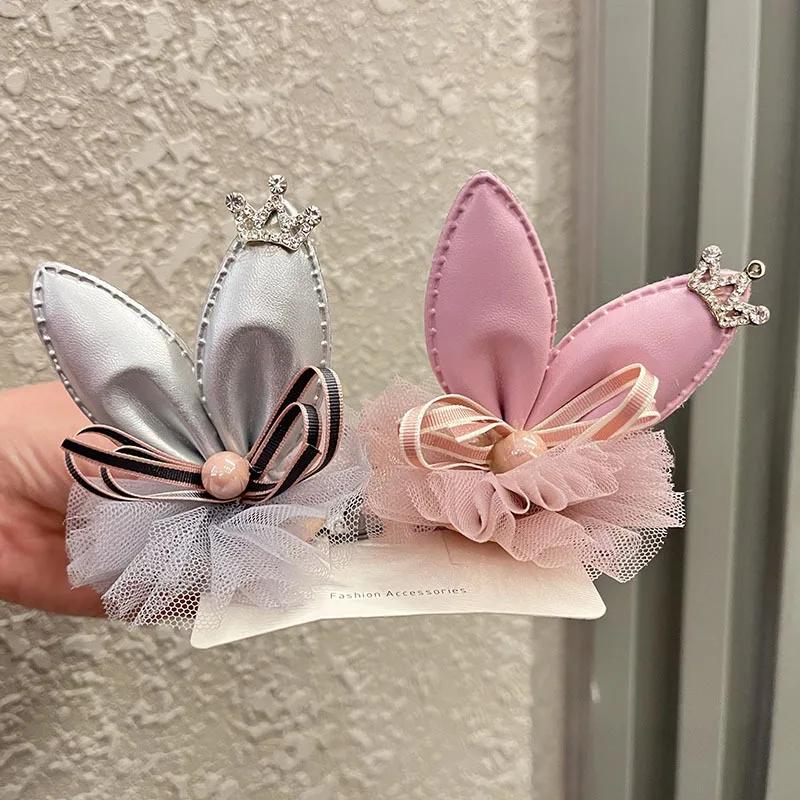 Children's Cute Bow Rhinestone Ear Crown Small Hair Claw For Women Summer Temperament Headwear Hairpin Gift