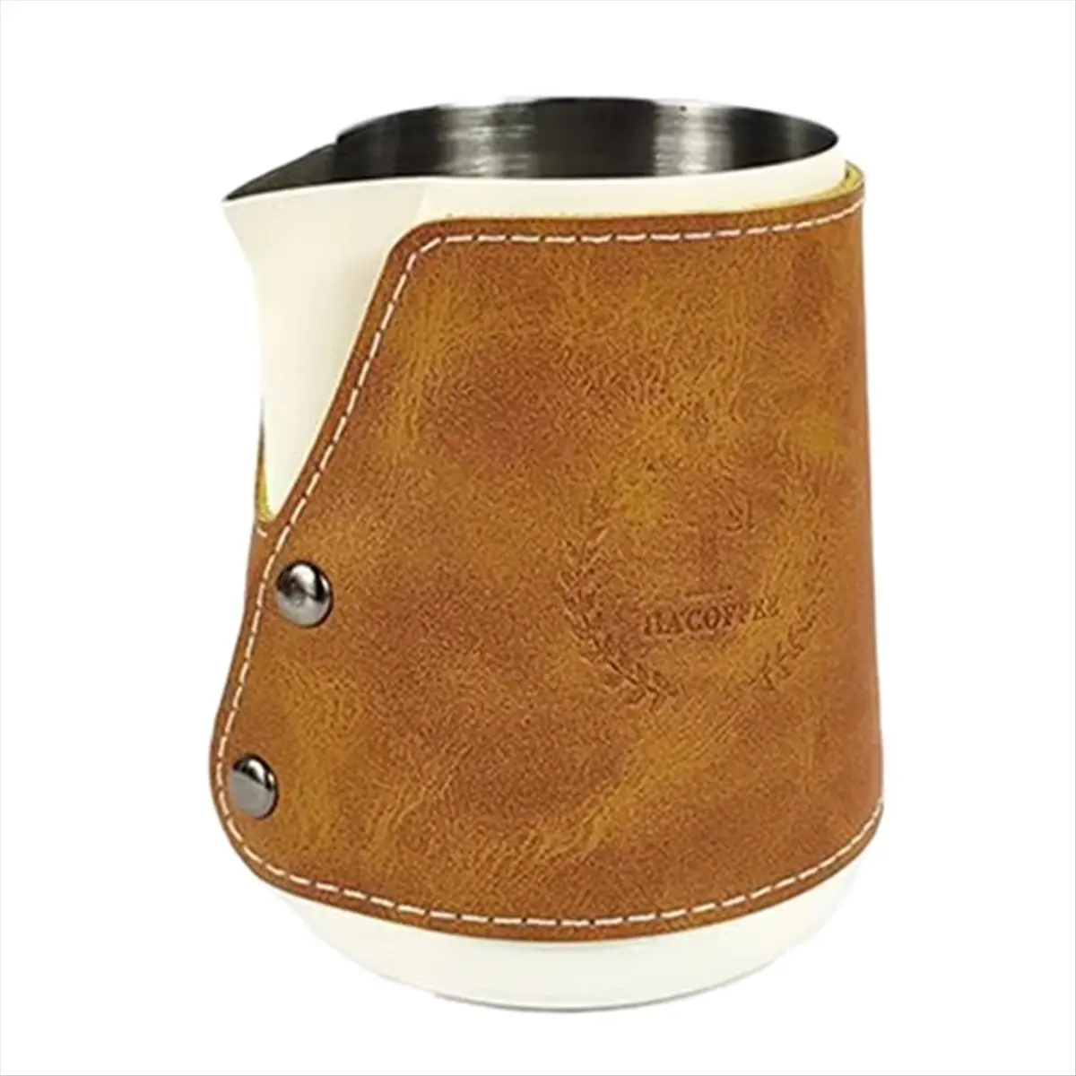 A20I 400ml Stainless Steel Milk Frothing Jug with Leather Cover - Vintage Style Coffee Art Pitcher for Latte & Cappuccino A