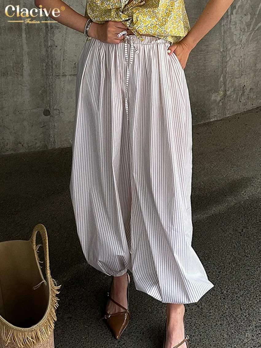 

Clacive Fashion Loose Stripe Print Women's Pants 2025 Casual High Waist Wide Trousers Elegant Ankle Length Pants Female Clothing