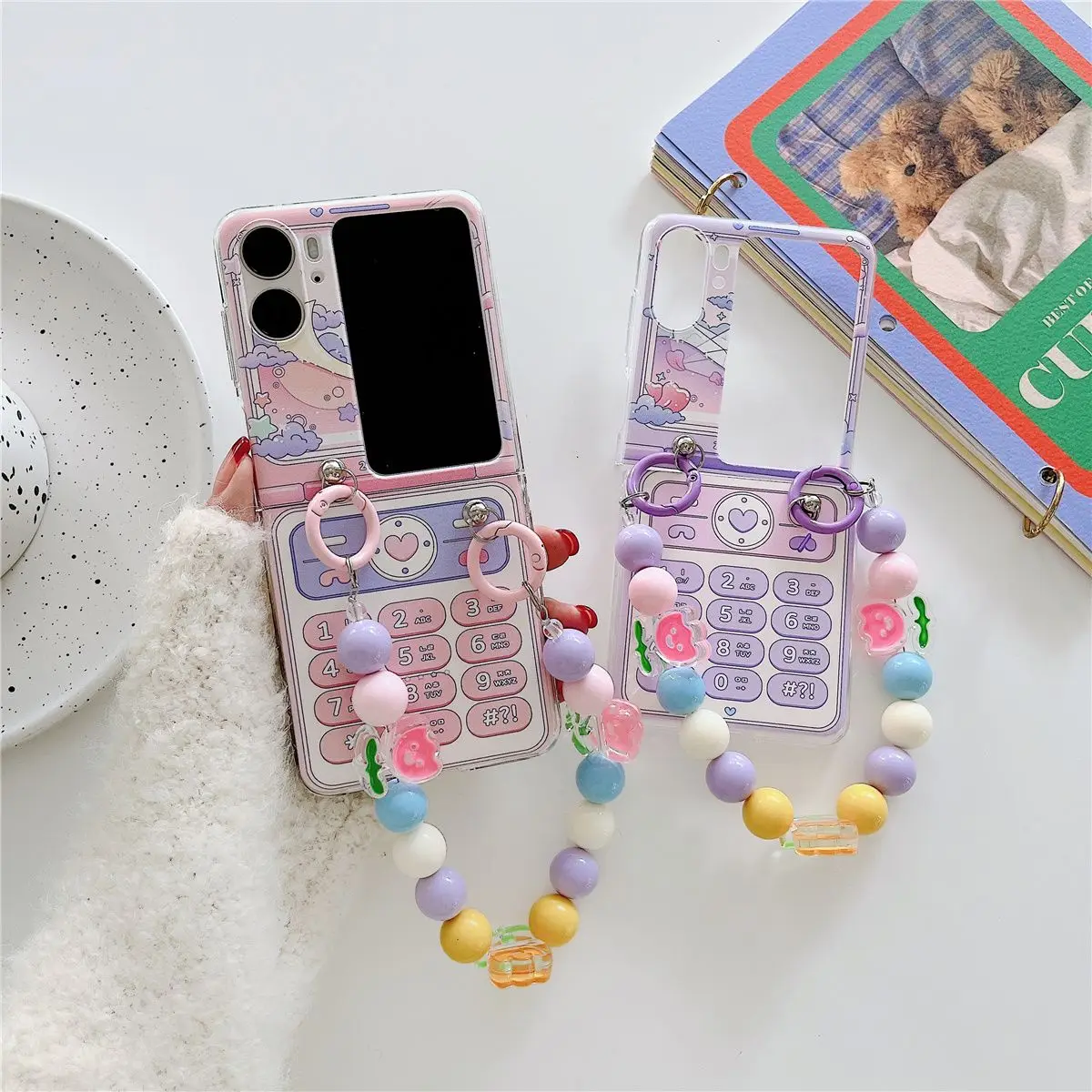 3in1 Slim Lovely Retro Mobile Phone Armor Cover for OPPO Find N2Flip N2 / N3 Flip Hard PC Shockproof Case Hands Colorful Straps