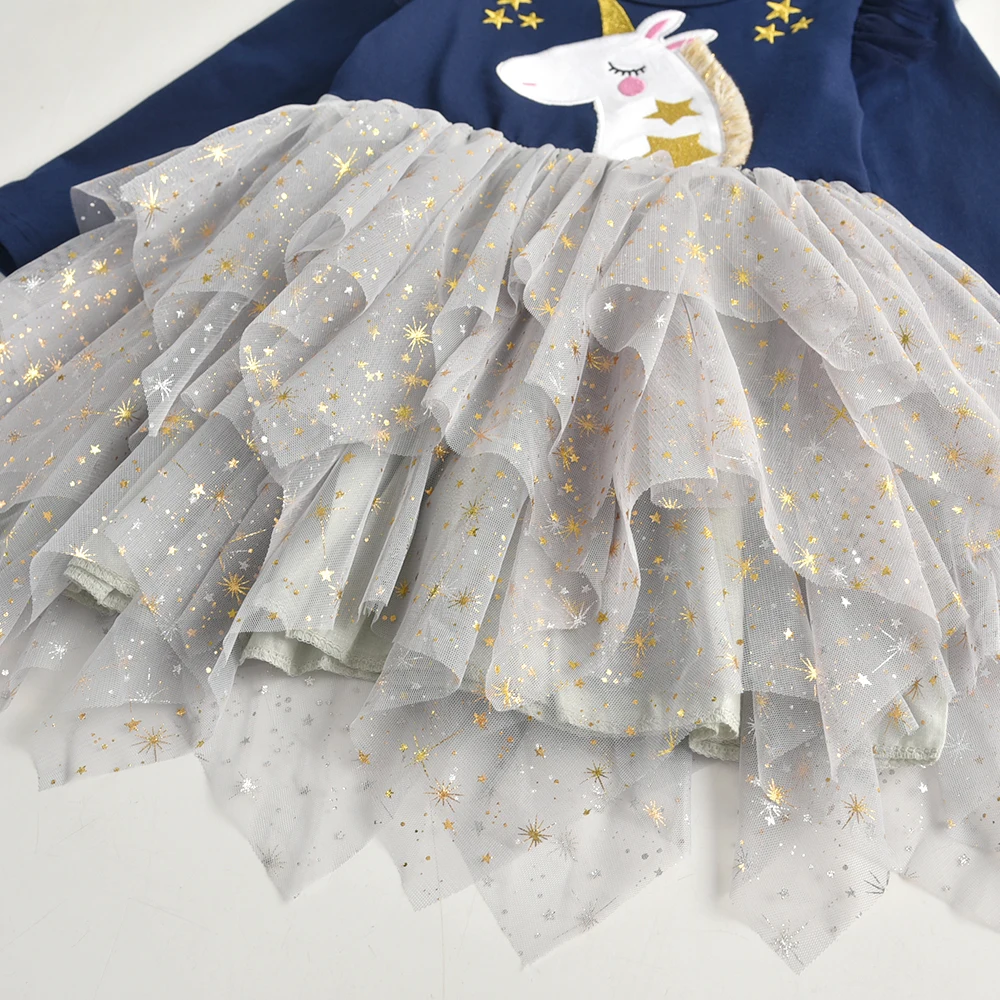 VIKITA Kids Licorne Cartoon Appliqued Dress Girls Long Sleeve Autumn Winter Spring Vestidos Kids Patchwork Irregular Tutu Dress