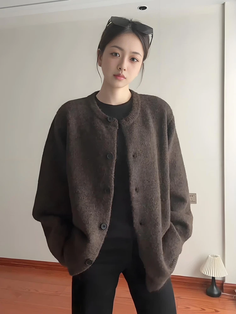 

Мужской кардиган в американском ретро-стиле, темно-коричневый, свободного кроя, осенний, повседневный, вязаный, с V-образным вырезом, с длинными рукавами