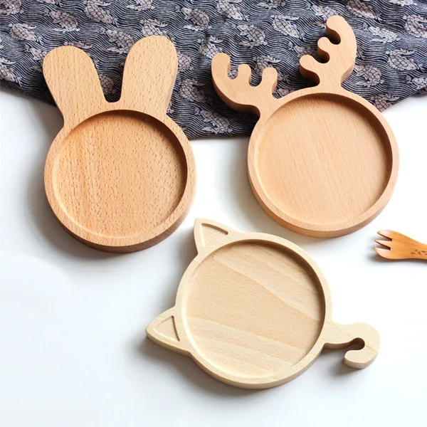 High Quality Cute Bear Face Wood Dinner Plate Kids Cartoon Pattern Food Baby Wood Plates Dinnerware