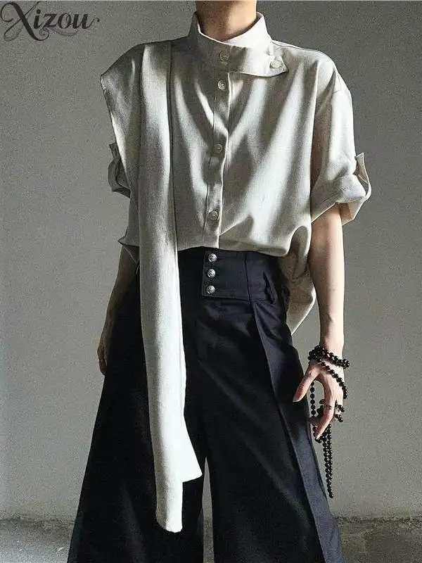 Men Spliced Stand Collar Shirt Neutral Linen Short Sleeve Top Unisex Silk Scarf French 2026 Ribbon Irregular 2026 Summer Casual