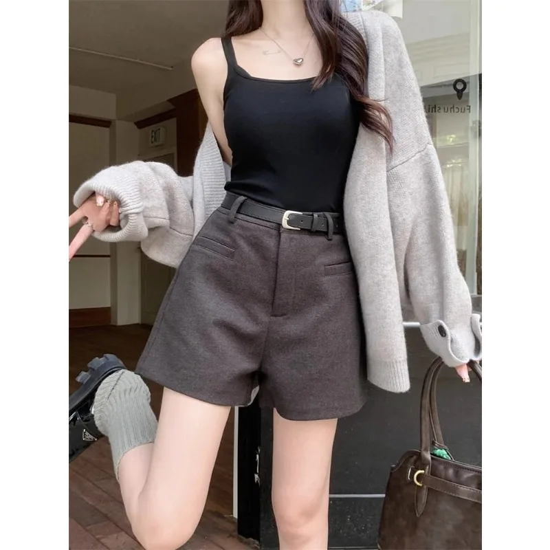 القهوة الملونة الصوفية عالية الخصر ألف خط المرأة الخريف والشتاء الخارجي التمهيد السراويل التخسيس فضفاض مستقيم السراويل غير رسمية