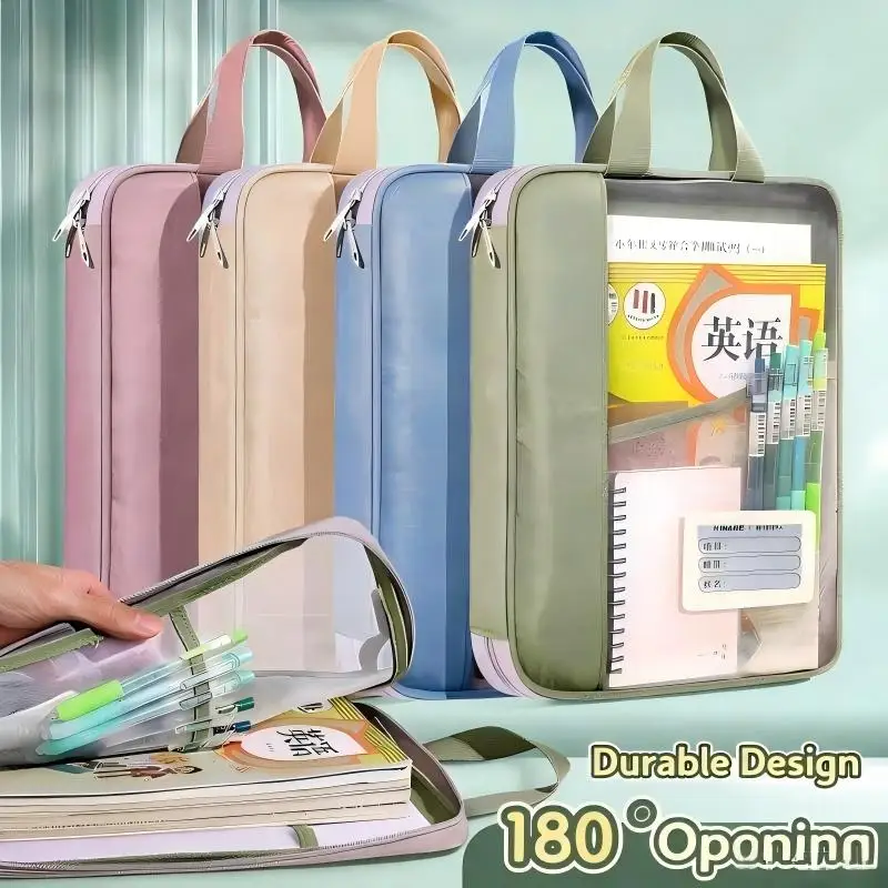 A4-Aktenmappe, transparente Dokumentenmappe mit Netzstoff, große Kapazität, 3-lagig, verstärkter Reißverschluss, Handtasche für Schüler und Nachhilfelehrer. – Detail 1