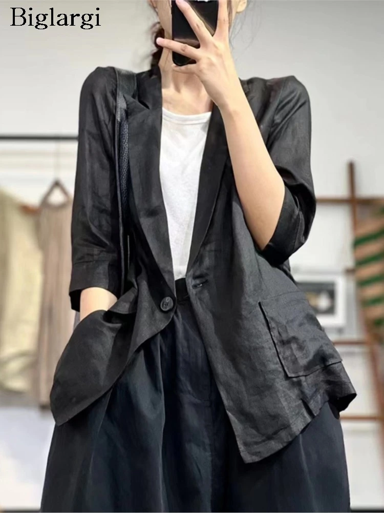 Oversized Spring Summer New Blazer Coat Women Casual Fashion Loose Pleated Ladies Blazer Suits Short Sleeve Woman Black Coats