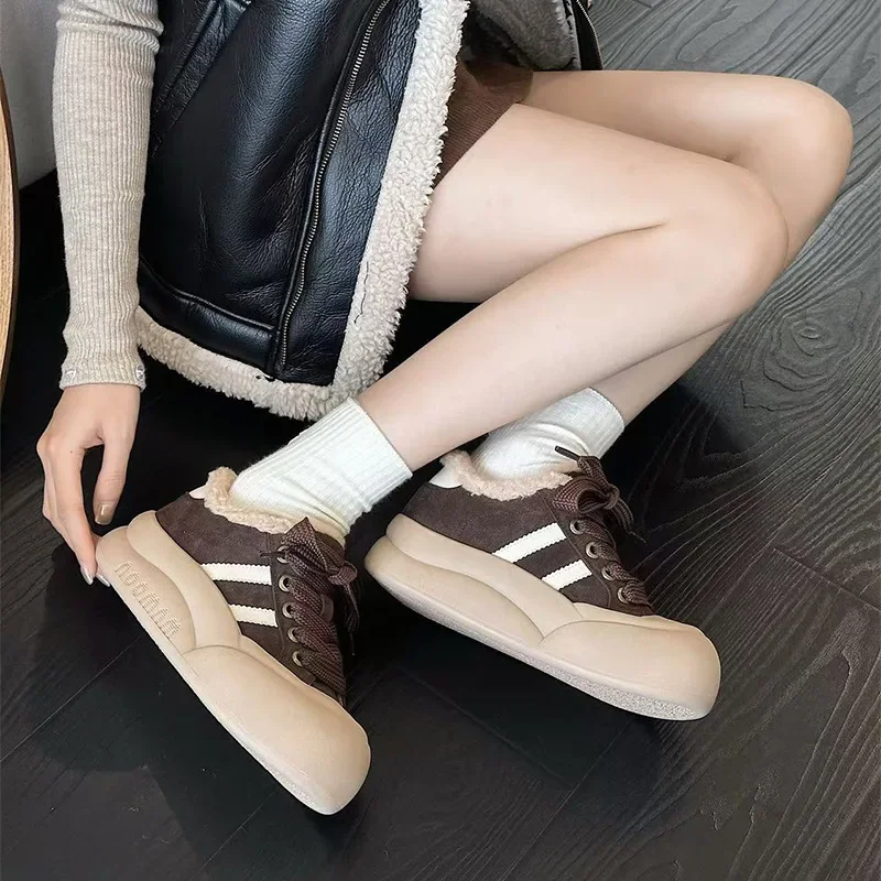 Mignonnes chaussures en laine d'agneau du nord-est pour femmes, JxCotton, cuir, velours, chaud, décontracté, sports, rencontre, à lacets, mode Ins, nouveau, en-ly