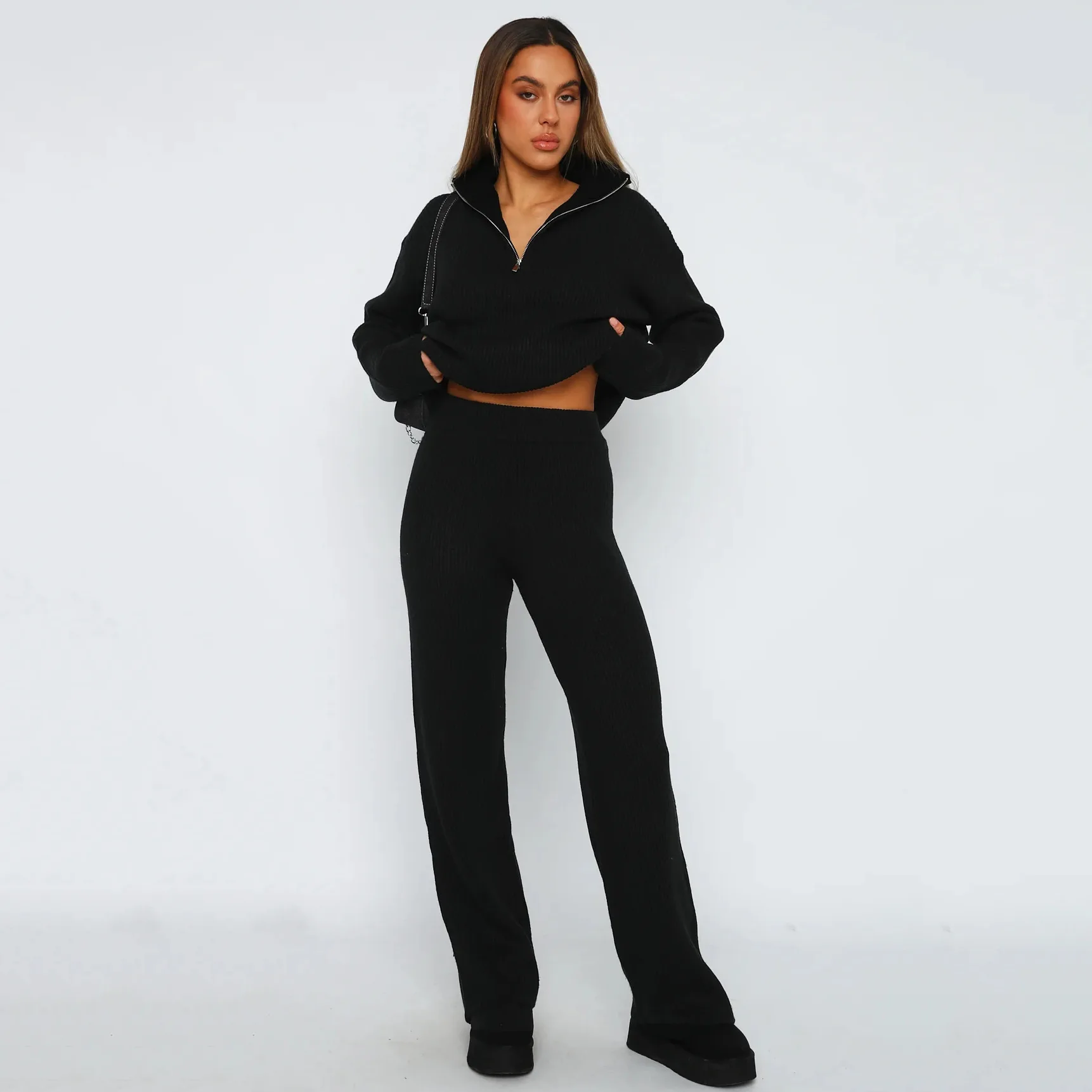 Women'S Set Autumn Winter Fashion Long Sleeve Knitted Tops And Straight Leg Pants Set Casual Two Piece Set Knitted Sweaters Set