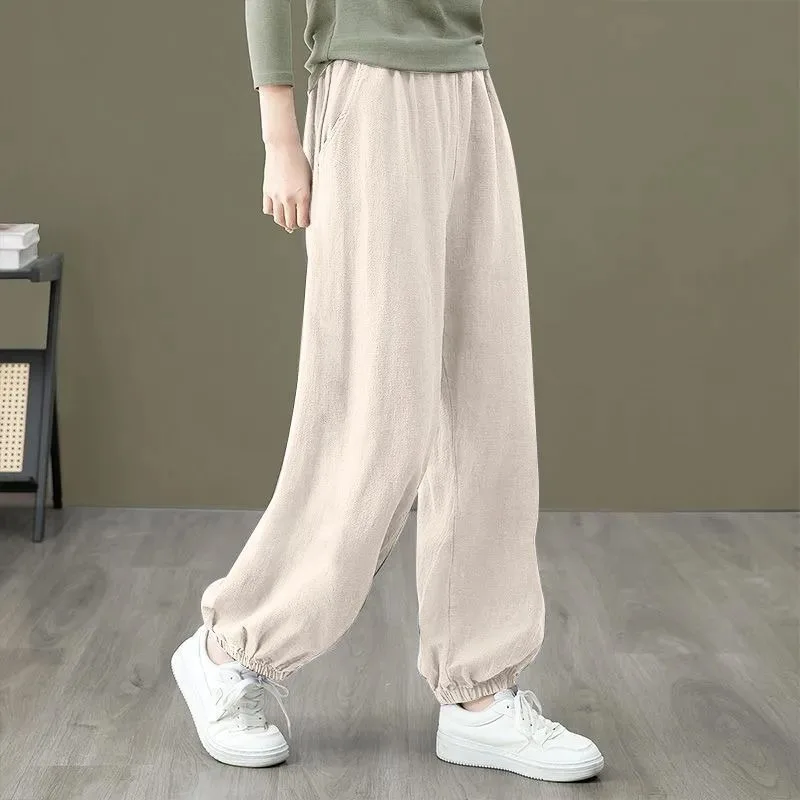 2026 Summer Cotton Linen Wide-leg Pants Women's Casual Elastic-waist Bundle Foot Pants Comfy High-waist Loose Straight Trousers