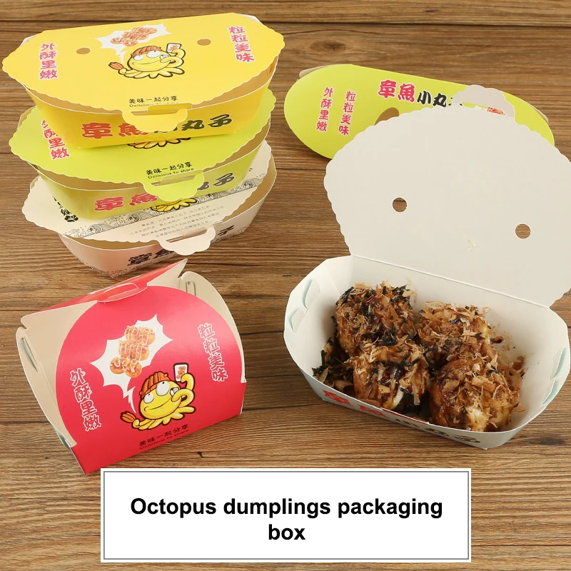 Caja de embalaje de bolas de pulpo desechable de dibujos animados, 100 Uds., comida callejera japonesa, Takoyaki, contenedor de embalaje para aperitivos para llevar, fiesta