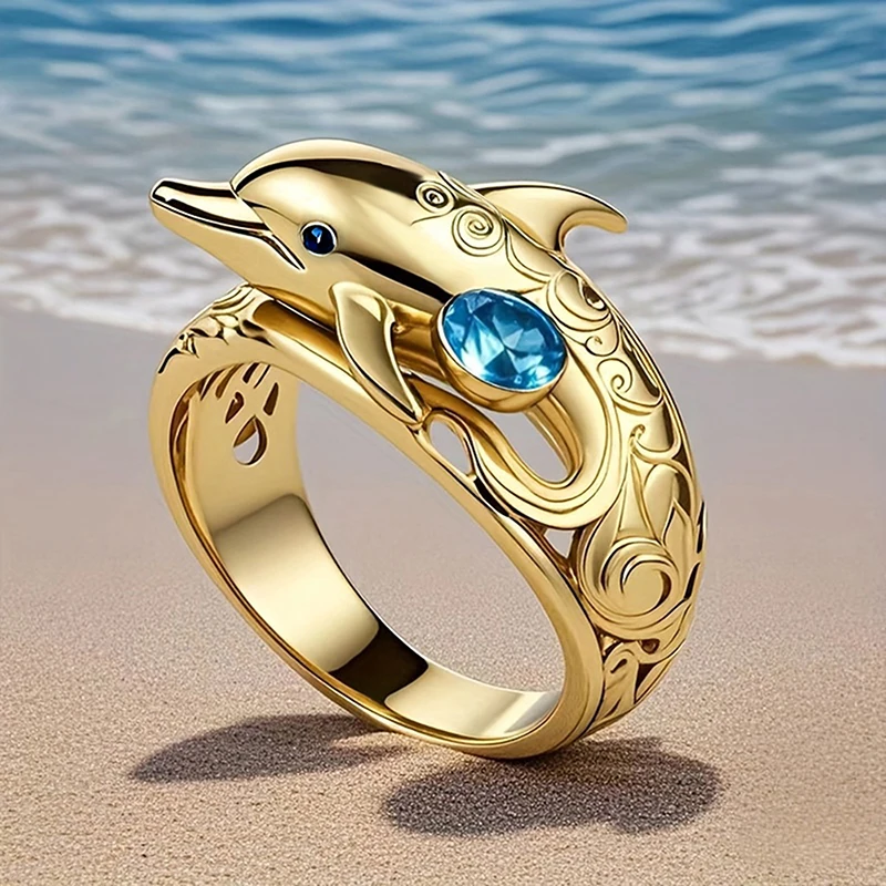 Huitan Niedlicher Delfinring für Damen, Goldfarben, Strukturiertes Design, Eleganter Blauer Zirkonia, Schicker Alltagsschmuck, Eleganter Tierschmuck