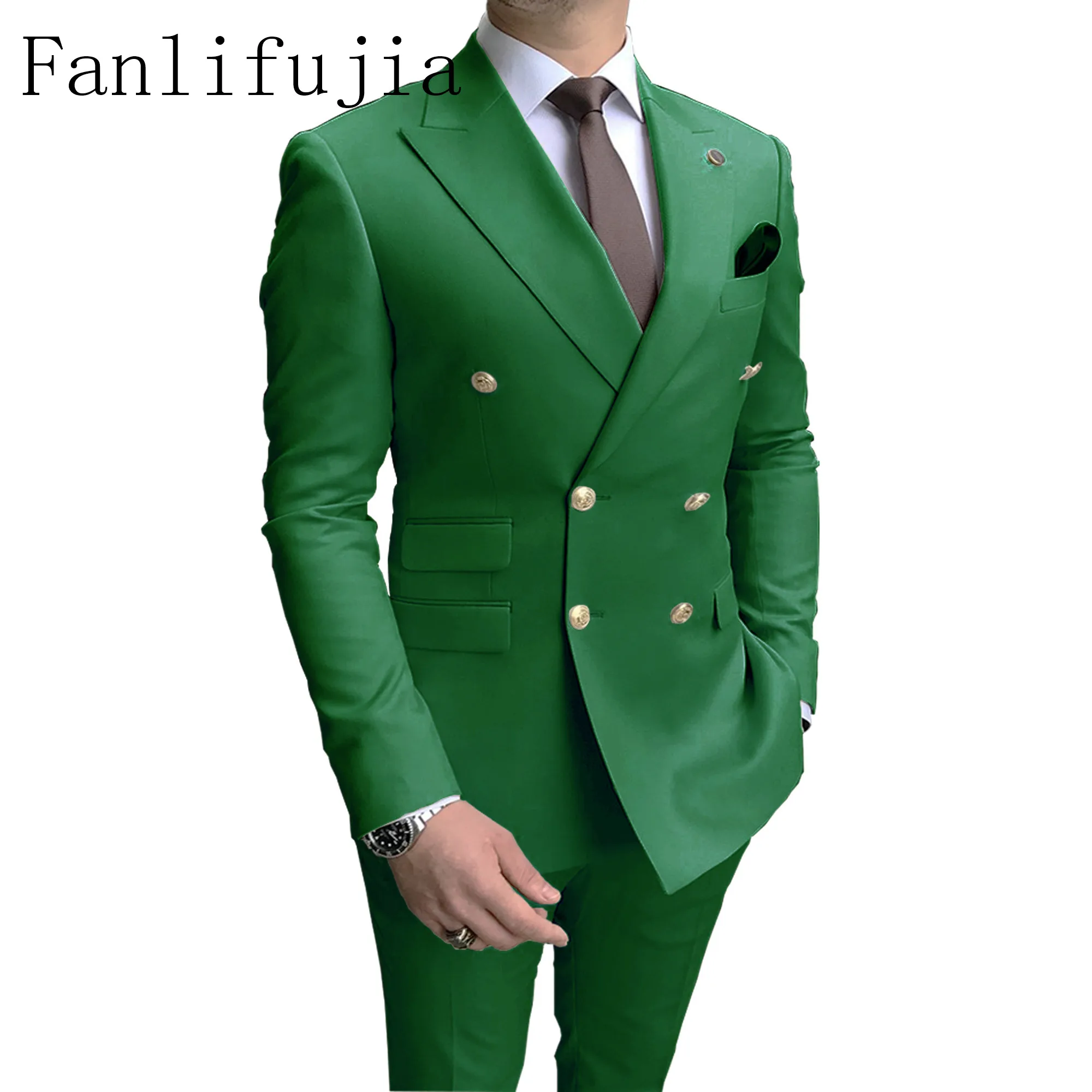 Fanlifujia-traje de doble botonadura para hombre, traje rosa de dos piezas, ajustado, traje italiano de boda, fiesta de graduación, botón dorado,