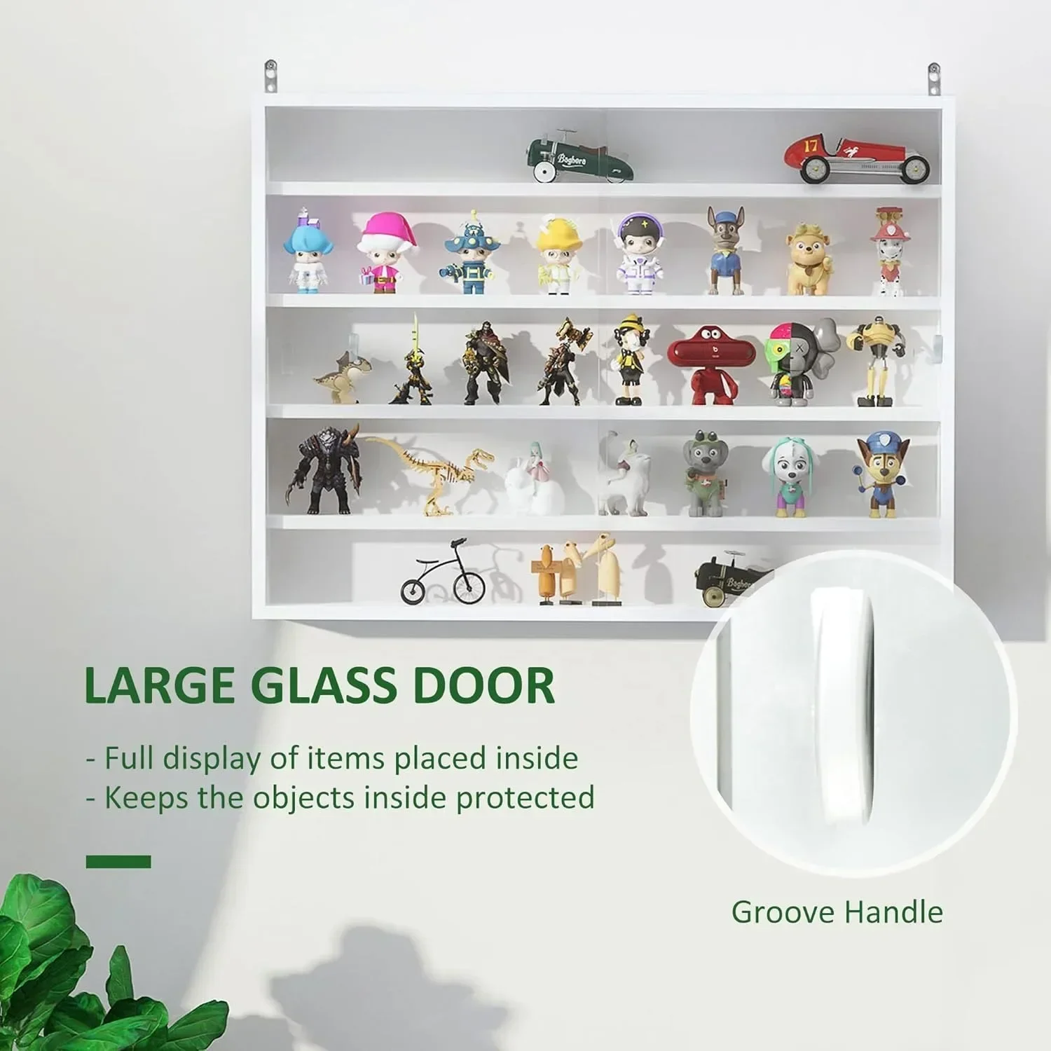 5-layer display cabinet, glass door cabinet with adjustable shelves, suitable for gaming rooms, wall mounted, white