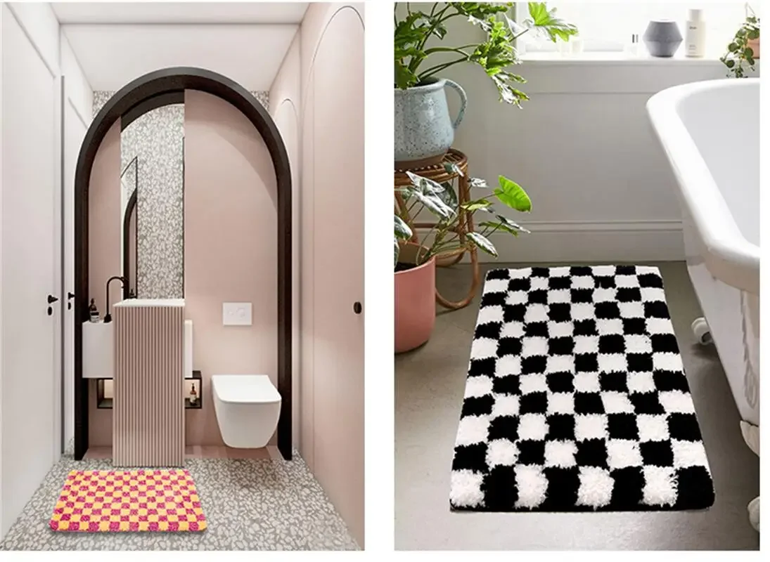 Retro Plaid Carpet Rugs Soft Tufting Wool Carpet Rugs Non-Slip Absorbent Bathroom Floor Mat Bedroom Toilet Door Carpet