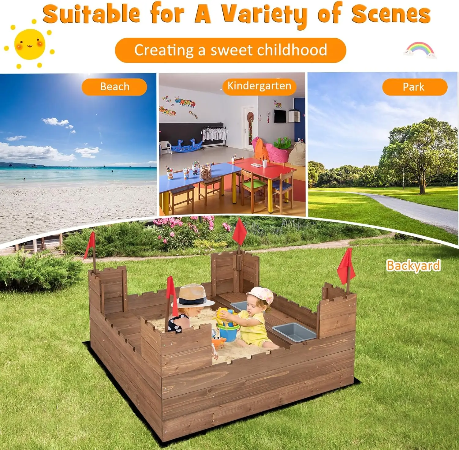 صندوق رمل من خشب الأرز للأطفال مع مقاعد مدمجة ، وصناديق تخزين ، وأعلام وبطانة سفلية واقية ، حفرة رمال خارجية ، 45 × 45 بوصة