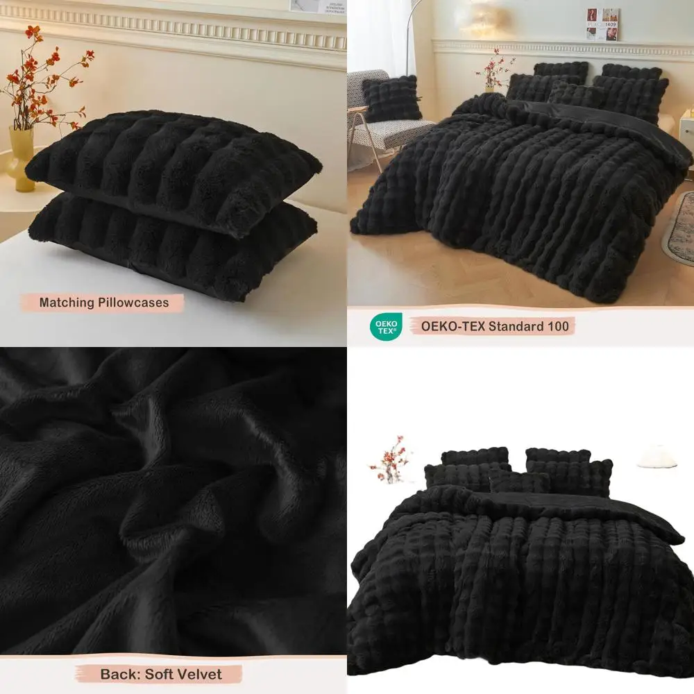 

Комплект пододеяльников Queen Size с плюшевым кроличьим мехом, мягкое лохматое постельное белье, 1 одеяло + 2 наволочки, моющиеся, черные