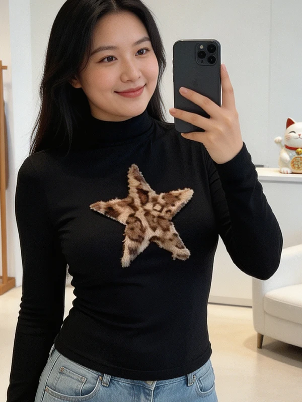 

plus Size American Sle Long Sve T-irt Women's Slim Fit Star Print Spring Autumn plus Size Slimming Top Quali Faion
