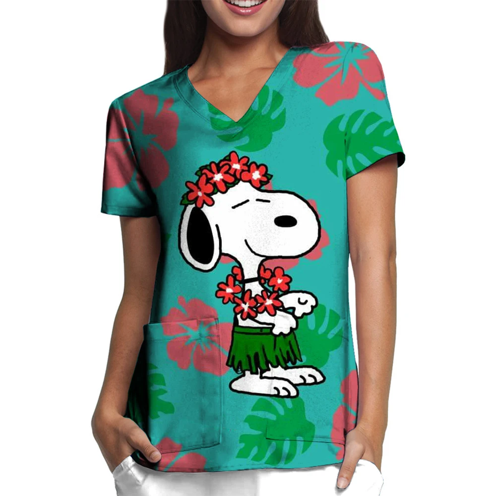 Snoopy print Pet Hospital Work Clothes Women's Short-sleeved Tops Stretch Nurse Uniform Dental Clinic V-neck Surgical Gown cute