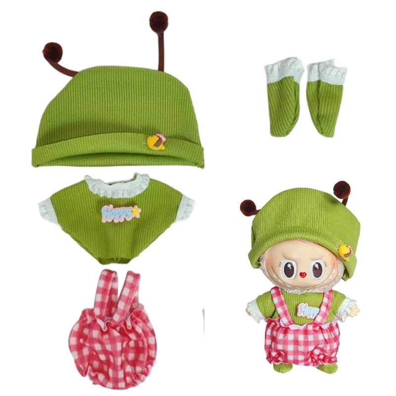 

Clothes for Labubu 15-17cm Plush doll clothing, hair band, t-shirt, trousers, 15cm cotton doll bag, dress accessories waist bag