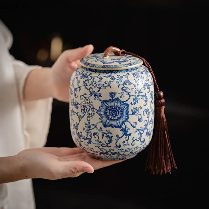 Blue and White Ru Kiln Ceramic Tea Jar Large Moisture-proof Jar Sealed Jar Tea Box Teas Container Tea Caddies Household Teaware