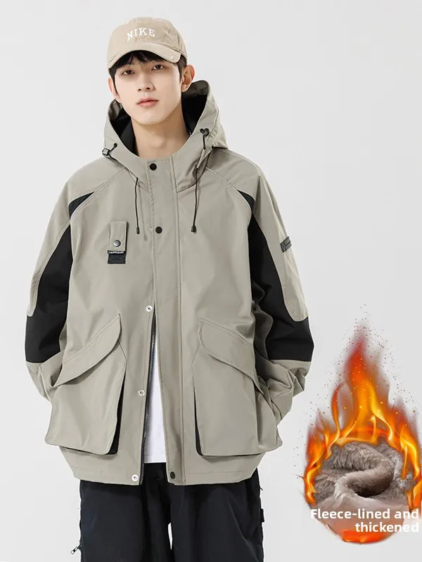 

Мужская утепленная куртка с капюшоном на флисовой подкладке, повседневная, свободного кроя, для весны и осени, для подростков и студентов, на молнии