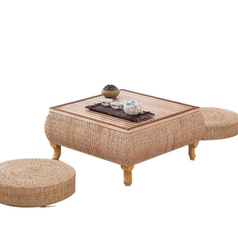 Japanese Rattan Tatami Table Balcony Bay Window Small End Table Low Coffee Table Bedroom Floor Square Table Futon Cushion