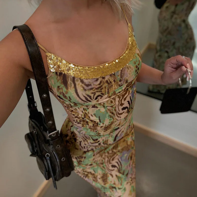 Nova chegada moda impressão vestido de dupla camada sedutor recorte sem costas cabido versátil sem alças maxi vestido