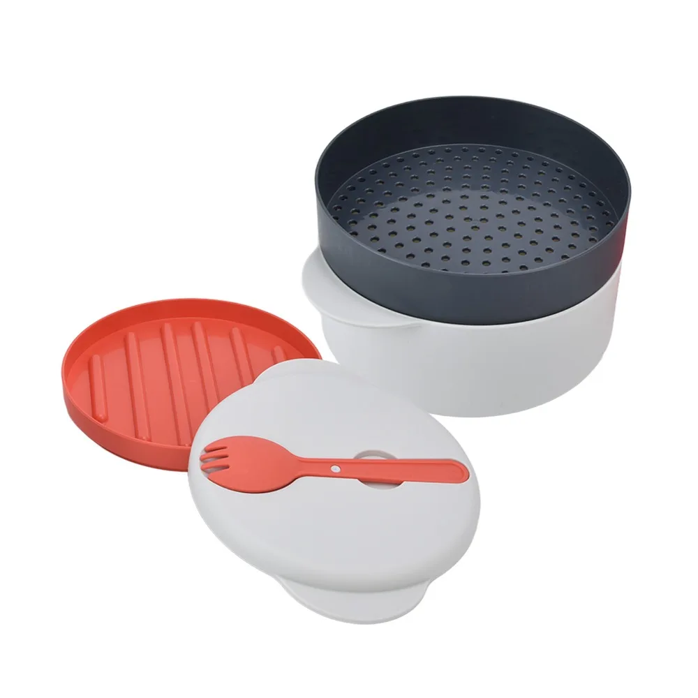 2L Capacity Microwave Vegetables Cooker Multi Layer Stackable Prevent Burns Handle Microwave Steaming Container White PP 5