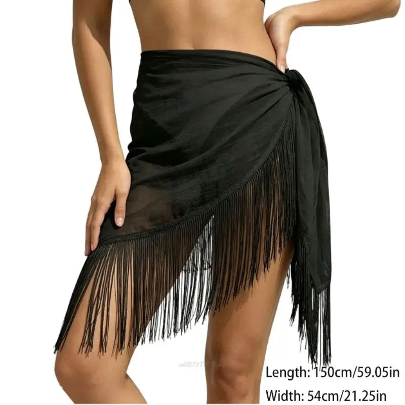 X5XA Waist Or Shoulder Beach Wrap Shawl with Long Trim, Sheer Resort Layer for Easy Warm Weather Vacation Use on Beach Days